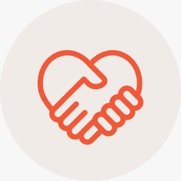 Red outline of two hands shaking in the shape of a heart, centered on a light beige circular background.