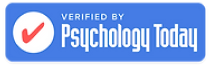 A blue badge with a red check mark and the text "Verified by Psychology Today" in white letters, perfect for adding to your WordPress footer using Elementor.
