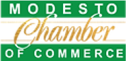 Modesto Chamber of Commerce logo with white text on a green background and "Chamber" in gold script across the center, perfect for use in a WordPress Elementor footer.