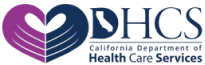 Logo of California Department of Health Care Services featuring a stylized heart made of blue and purple hands next to the text "DHCS California Department of Health Care Services," ideal for a WordPress footer created with Elementor.