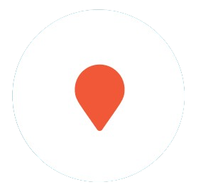 A red map pin icon centered on a white circular background with a black outer border.