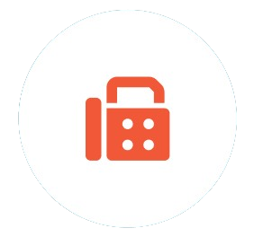 Red icon of a landline telephone with a square keypad, centered on a white circular background.