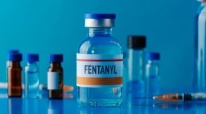A vial labeled "Fentanyl" sits on a table among other medical vials and a syringe, highlighting the dangers of potent substances like fentanyl and xylazine.